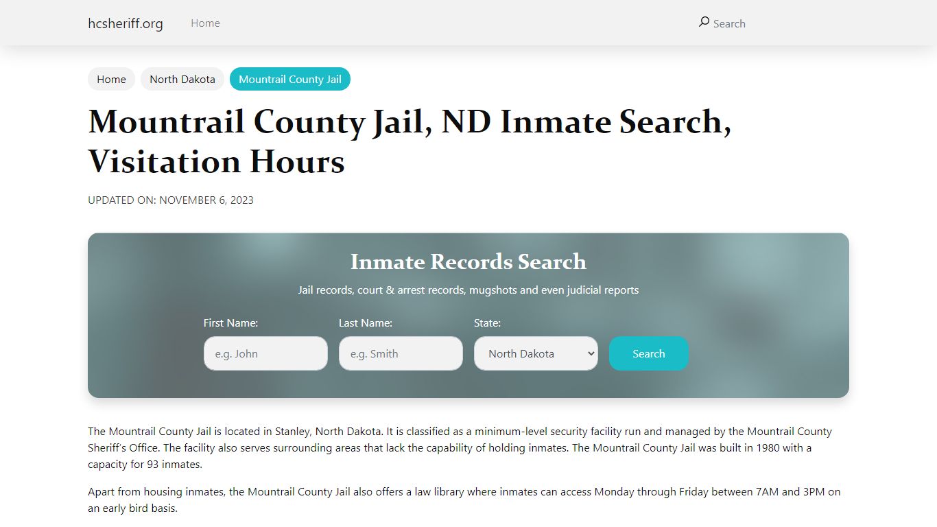 Mountrail County Jail, ND Inmate Search, Visitation Hours